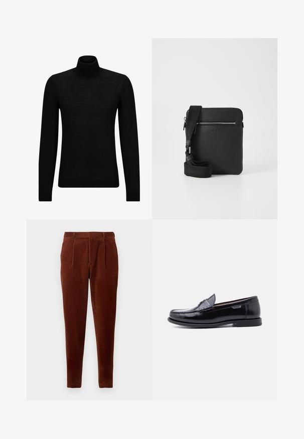 Pull à col roulé noir en matériau doux, avec des manches longues et une coupe ajustée. Finition côtelée au bas et aux poignets. Design simple.; Pantalon en velours côtelé marron avec une coupe droite, doté de plis sur le devant, de deux poches latérales et d'une texture lisse. Convient pour un usage décontracté.; Mocassins en cuir noir avec une finition brillante, présentant un motif cousu sur l'avant-pied et une semelle en caoutchouc noire texturée et basse.; Sac à bandoulière en cuir noir avec une surface texturée, poche avant zippée et une sangle en tissu réglable. Design simple et carré.