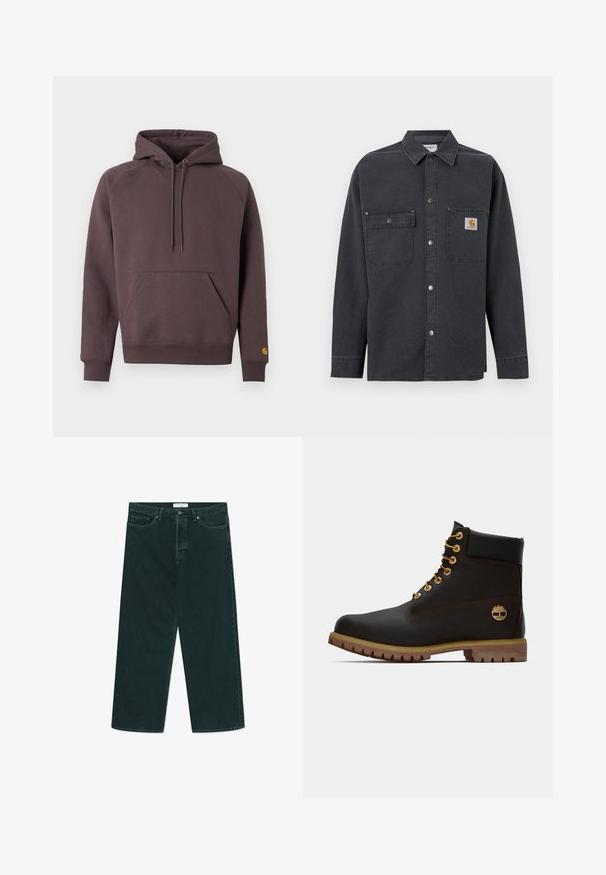 Kapuzensweatshirt aus dunkelbraunem Baumwollmischgewebe. Verfügt über eine Kängurutasche auf der Vorderseite, gerippte Bündchen und ein kleines Logo auf dem Ärmel.; Dunkelgraues Hemd mit langen Ärmeln und Knöpfen, zwei Brusttaschen auf der Vorderseite, davon eine mit einem kleinen quadratischen Logoaufnäher auf der rechten Tasche.; Dunkelgrüne weit geschnittene Jeans aus Denim mit Knopf- und Reißverschluss, Fronttaschen und Gürtelschlaufen, flach auf einem weißen Hintergrund ausgelegt.; Schwarze Leder-Ankle-Boots mit goldenen Ösen, braunen Akzenten und einer Gummisohle. Verfügt über einen gepolsterten Schaft und ein geprägtes Logo an der Seite.