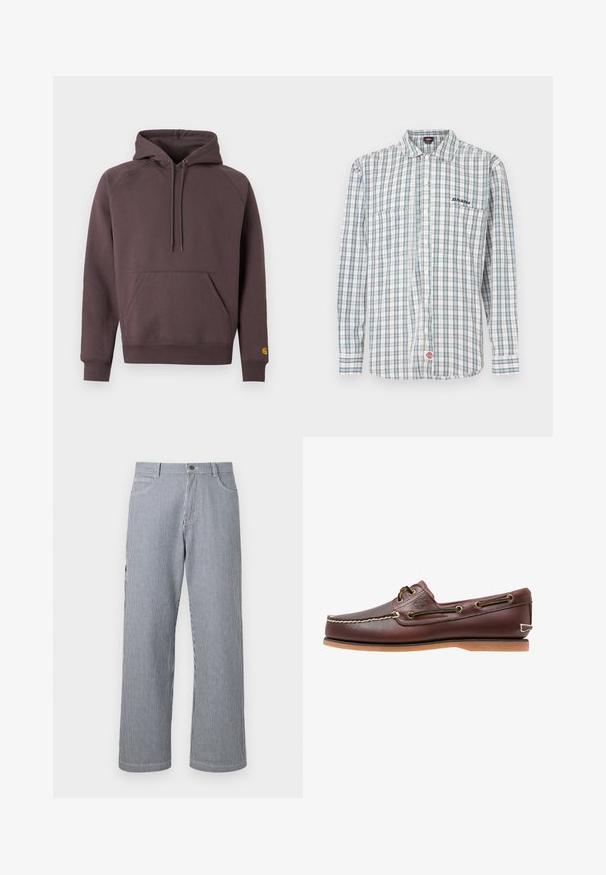 Sweat à capuche en mélange de coton brun foncé. Comprend une poche kangourou à l'avant, des poignets côtelés et un petit logo en accent sur la manche.; Chemise à carreaux boutonnée en blanc, vert et bleu. Elle comporte des manches longues, un col, deux poches avant et une broderie de logo sur la poitrine.; Pantalon à jambe droite à rayures verticales grises et blanches, avec poches avant et taille à fermeture boutonnée.; Chaussure bateau en cuir marron avec coutures blanches, détails de lacets et semelle en caoutchouc beige, vue de côté sur fond blanc.