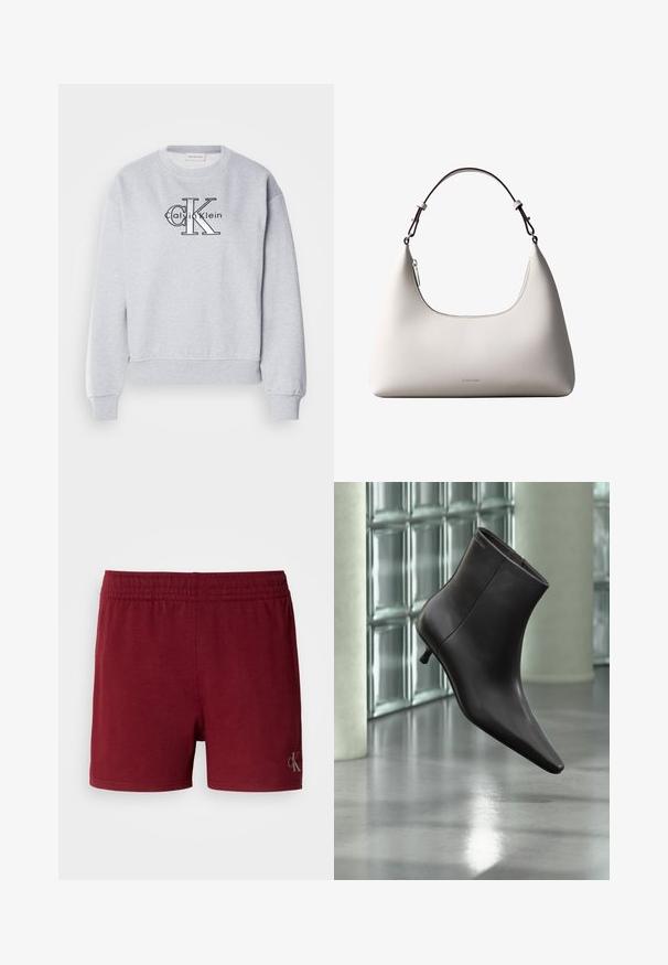 Sudadera gris con cuello redondo y puños acanalados, con el logo de "Calvin Klein" y un gráfico de "CK" exhibido de manera prominente en la parte delantera.; Pantalones cortos deportivos en color burdeos, confeccionados con una suave mezcla de algodón, cinturilla elástica y un pequeño logotipo en el dobladillo inferior.; Bota de cuero negro para el tobillo con puntera puntiaguda y tacón pequeño, exhibida frente a una pared de bloques de vidrio y un suelo pulido.; Bolso de hombro de cuero color crema de Calvin Klein con borde superior curvado, cremallera plateada y correa ajustable marrón oscuro.