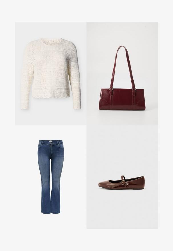 Witte gehaakte trui met lange mouwen, met textuurpatronen en een geschulpte zoom. Lichtgewicht en ademend materiaal.; Denim flare jeans in medium blauw met een gladde textuur, voorzien van zijzakken en een ritssluiting. Subtiele whisker-details.; Bruine gepatineerde leren balletschoen met een vierkante neus en een bandje met een kleine gouden gesp. Gladde textuur, lage hak en minimalistisch ontwerp.; Bourgondische handtas van glanzend materiaal, rechthoekige vorm, met twee schouderbanden en subtiele gebogen accenten aan de voorkant.