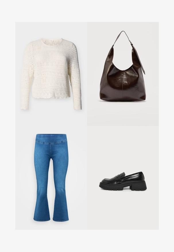 Suéter blanco de crochet con mangas largas, con patrones texturizados y dobladillo ondulado. Material ligero y transpirable.; Pantalones de mezclilla azules acampanados con una cintura de altura media, que presentan una textura suave y un diseño clásico de cinco bolsillos. Terminados con un sutil detalle de costura.; Mocasín de cuero negro con suela de plataforma gruesa y tacón bajo en bloque, perfil lateral visible sobre fondo claro y liso.; Bolso de hombro de cuero marrón oscuro brillante con una sola correa ancha y detalle de hebilla en un lado, colocado sobre un fondo claro y sencillo.
