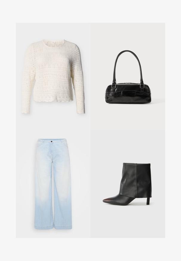 Hvid hækletrøje med lange ærmer, der har teksturerede mønstre og en bølget kant. Letvægts- og åndbart materiale.; Lysblå denim brede bukser med en gradient vask, der har en knaplukning, forlommer og kontrastsyninger langs kanten.; Sort ankelstøvle lavet af glat læder med spids tå og tilspidset hæl. Overdelen har et let rynket design.; Sort læderhåndtaske med rektangulær form, der har et enkelt struktureret håndtag, sølvhardware og lynlås-lukning. Glat tekstur.