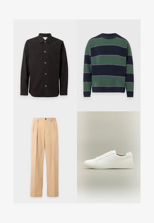 Pull en tricot de couleur bleu marine et vert avec des rayures horizontales. Encolure ronde et poignets côtelés. Texture douce avec des rayures accentuées en rose.; Chemise noire à boutons en coton, avec un col, une poche frontale et un logo subtil sur la poitrine, au toucher doux.; Pantalon beige plissé avec fermeture bouton et zip, passants de ceinture et jambes droites larges.; Baskets blanches basses avec fermeture à lacets et semelle plate, vues de côté sur un fond neutre.