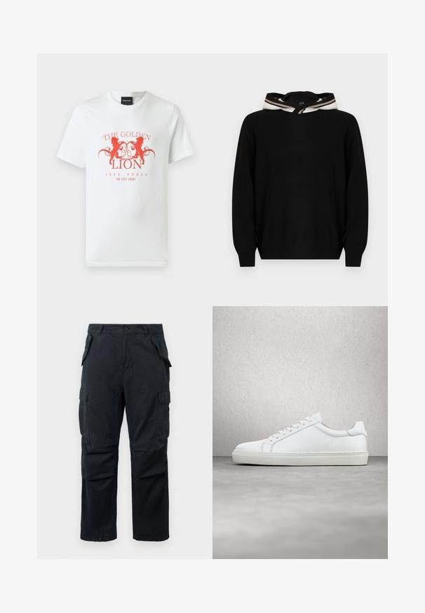 Suéter tipo pulóver negro con capucha, con una textura suave y detalles a rayas alrededor del borde de la capucha. Diseño sencillo y de ajuste relajado.; Camiseta de algodón blanca con un estampado gráfico rojo de dos leones y el texto "THE GOLDEN LION FREE HOUSE" en un diseño circular. Mangas cortas.; Pantalones cargo negros hechos de un tejido duradero, con múltiples bolsillos laterales, diseño de pierna recta y un cierre de botón en la cintura.; Zapatilla blanca con parte superior de cuero liso y perfil bajo. Presenta una puntera redondeada, seis ojales y una suela de goma texturizada.