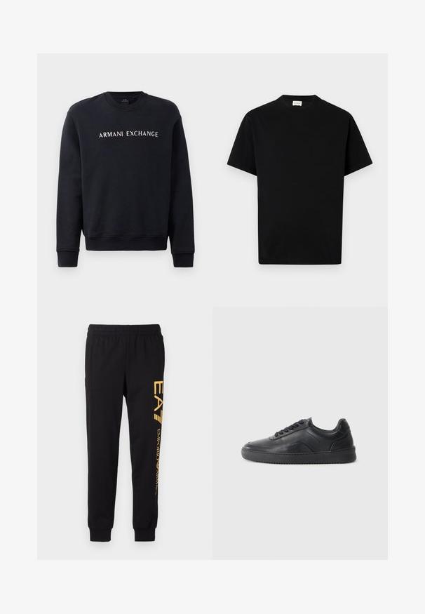 Zwarte sweatshirt met een ronde hals, geribbelde manchetten en onderkant, met het "ARMANI EXCHANGE"-logo in het wit over de borst.; Zwarte katoen t-shirt met ronde hals, korte mouwen en rechte snit. Geen zichtbare patronen of hardwaredetails.; Zwarte trainingsbroek van zacht materiaal, met een elastische tailleband en cuffed enkels. Gele branding die verticaal op het linkerpijp is gedrukt.; Zwarte leren sneaker met een gladde afwerking, ronde neus, textuurpaneel aan de zijkant en zwarte veters. Voorzien van een platte rubberen zool en een minimalistisch ontwerp.