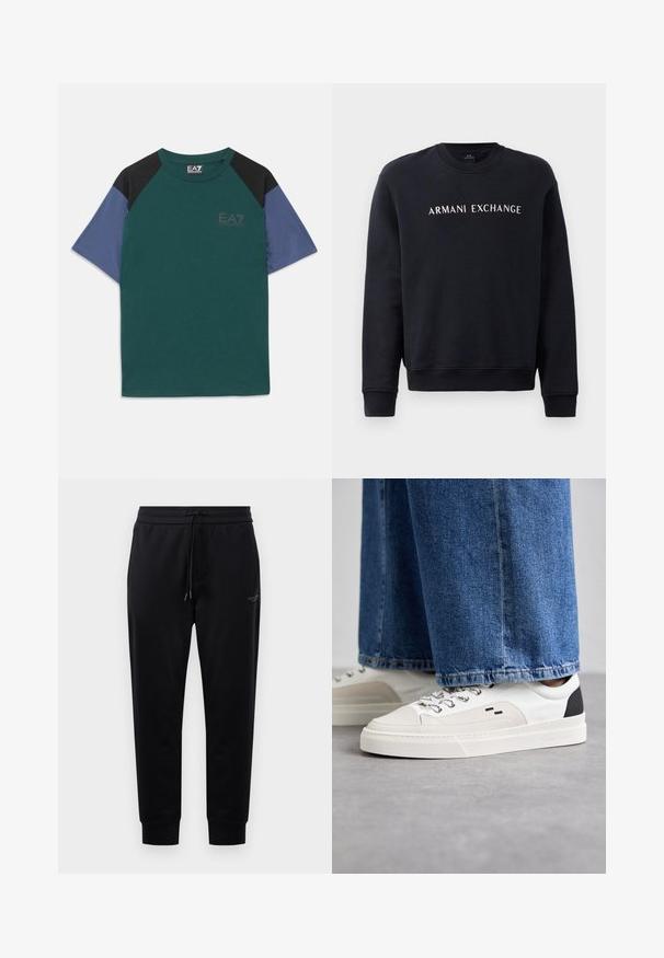 Čierna mikina so okrúhlym výstrihom, ribbovanými manžetami a lemom, s bielym logom "ARMANI EXCHANGE" cez hruď.; Tričko s krátkym rukávom so zeleným telom, čiernymi ramennými panelmi, modrými rukávmi a malým logom EA7 Emporio Armani na hrudi.; Čierne teplákové nohavice s nastaviteľným pásom, bočnými vreckami a rebrovanými manžetami. Vyrobené z mäkkej tkaniny, s jemným logom na stehne.; Biele a čierne tenisky s hladkým koženým zvrškom, štruktúrovanými akcentmi a masívnou bielou podrážkou. Obsahujú klasický dizajn so šnurovaním.