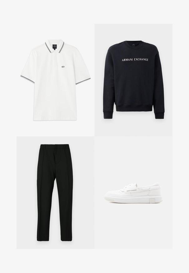 Sort sweatshirt med rund hals, ribbede manchetter og bund, med "ARMANI EXCHANGE" logoet i hvidt tværs over brystet.; Hvid polo t-shirt med krave, korte ærmer, sort kant på kraven og ærmerne samt et lille sort logo på venstre bryst.; Sorte bukser med en glat tekstur, der har en flad front, to lodrette folder og en smalende ben-design. Elastisk talje for komfort.; Hvid Armani Exchange lavtop sneaker med tyk sål, snørebånd foran og mærke detaljer på siden og hælen på neutral baggrund.