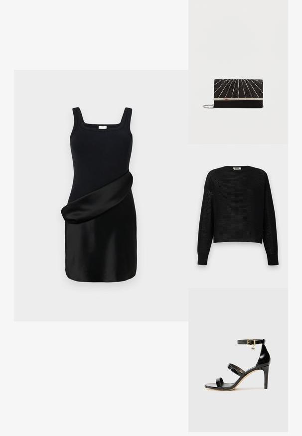 Sort langærmet striktrøje med løs, åben vævning og ribbede manchetter og halsudskæring, mærket DRYKORN.; Sort kjole med en ribbet tanktop med firkantet udskæring og en glat, draperet satin skørt. Designet kombinerer kontrasterende teksturer.; Sorte patenterede lædersandaler med tre stropper, ankelspænde og 10 cm stiletthæl. Har detaljer i guld og et logo charms.; Sort clutch taske med en glat tekstur, der har sølvspidse linjer, der stråler ud fra midten, med en metalisk sølvklips og kædetras.
