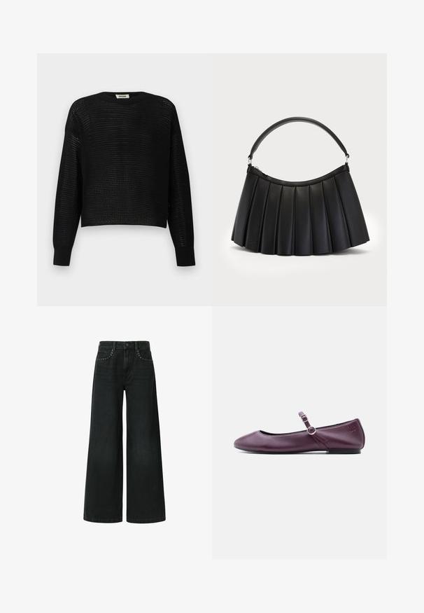 Sort langærmet striktrøje med løs, åben vævning og ribbede manchetter og halsudskæring, mærket DRYKORN.; Bredde ben sorte jeans lavet af denim, med et klassisk fem-lomme design og dekorative nitter nær frontlommerne.; Bordeauxrød læder Mary Jane-flad sko med rundet tå, dobbelt spænde og et lille logo præget på hælsiden.; Sort plisseret håndtaske lavet af syntetisk læder, med et buet håndtag og lynlåslukning i toppen. Glat tekstur med struktureret design.
