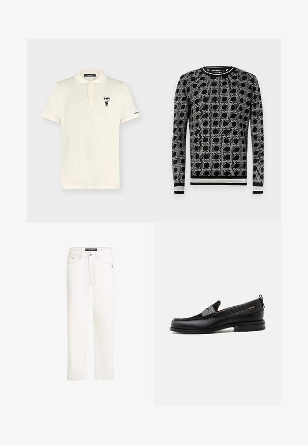 Pull noir avec un motif géométrique blanc, col rond, manches longues, et poignets et ourlet côtelés avec des rayures contrastantes.; Polo à manches courtes crème avec trois boutons, petite figurine de dessin animé en costume noir et lunettes de soleil brodée sur la poitrine.; Jeans droits blancs avec poches avant, fermeture à bouton et logo subtil "KL" sur la zone de la poche droite.; Mocassin en cuir noir avec détail de bride grise, talon bas et semelle texturée, marqué "HUGO" en or sur le côté.