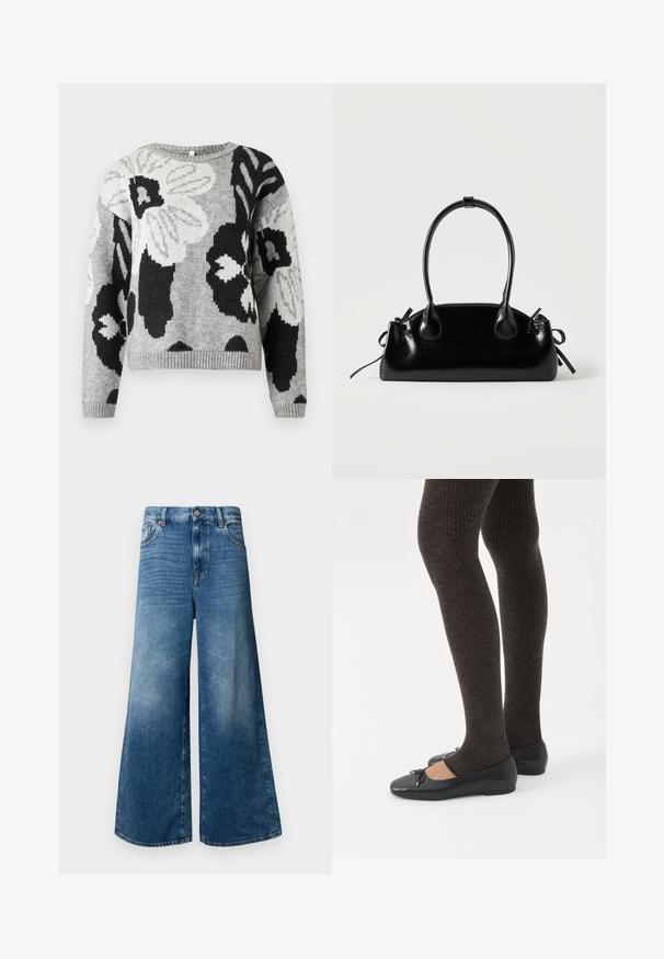 Pull en tricot gris avec un motif floral, accents noirs et blancs. Col rond, ourlet et poignets côtelés, coupe décontractée.; Jean en denim à jambe large, de couleur bleu moyen, avec un design classique à cinq poches, fermeture à bouton et un léger dégradé pour plus de texture.; Jambes portant des leggings côtelés foncés associés à des ballerines noires avec de petits détails en nœud sur fond blanc.; Petit sac à main noir brillant avec deux longues anses et des détails à cordon sur les côtés sur un fond clair uni.