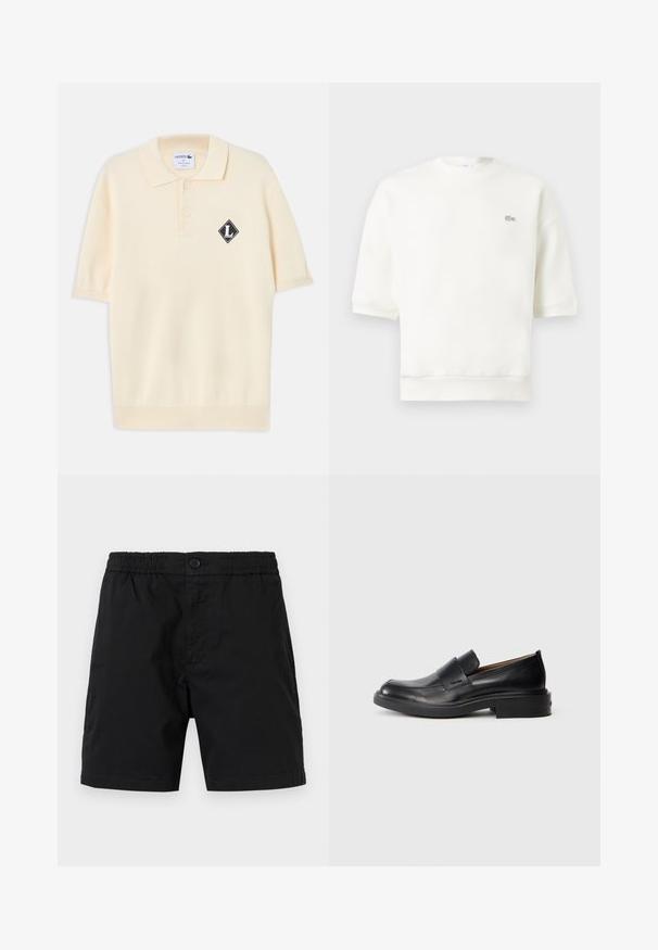 Sweat-shirt blanc à manches courtes avec col rond et petit logo crocodile brodé sur le côté gauche de la poitrine.; Polo crème à manches courtes avec deux boutons et un écusson logo noir en forme de losange avec un "L" blanc sur la poitrine gauche.; Shorts noirs pour hommes avec taille élastique, fermeture à bouton et longueur mi-cuisse, présentés sur un fond neutre.; Chaussure habillée noire en cuir, à enfiler, avec un petit talon et un logo Calvin Klein discret sur le côté, présentée de profil sur un fond blanc.