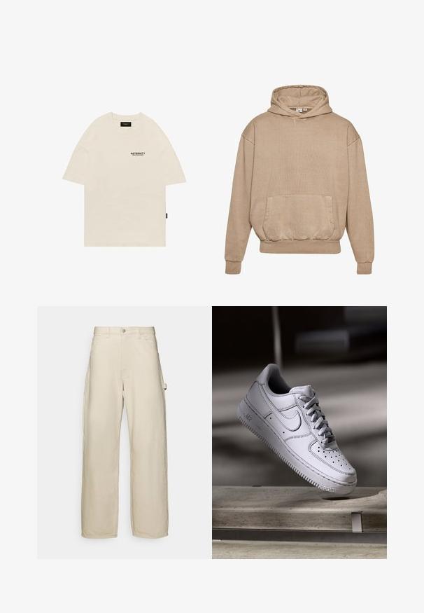 Sweat à capuche beige en tissu texturé avec une poche à l'avant, des poignets et un ourlet côtelés. Dispose d'une capuche avec cordon de serrage et d'une coupe décontractée.; T-shirt beige à manches courtes avec petit texte noir "RETERNITY CREATIVE DEPARTMENT" sur la poitrine gauche et étiquette noire sur la couture latérale.; Pantalons larges beiges en tissu mélangé de coton. Dotés d'une fermeture à bouton, de passants de ceinture et de poches latérales. Texture lisse.; La basket Nike Air Force 1 en cuir blanc présente un embout perforé, des lacets plats et une semelle en caoutchouc texturée avec le logo « AIR » sur le côté.