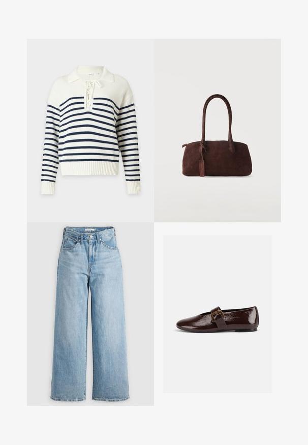 Pull en maille blanc avec des rayures horizontales bleu marine, manches longues, un ourlet côtelé et un col lacé avec un col replié.; Jeans larges bleu clair à taille haute, fabriqués en denim. Ils possèdent un design classique à cinq poches et des accessoires en métal.; Chaussure plate en cuir verni marron foncé avec une large bride à boucle dorée et un bout arrondi, présentée de profil sur fond blanc.; Sac à main en daim marron foncé avec deux longues anses et une petite étiquette attachée, sur un fond clair uni.