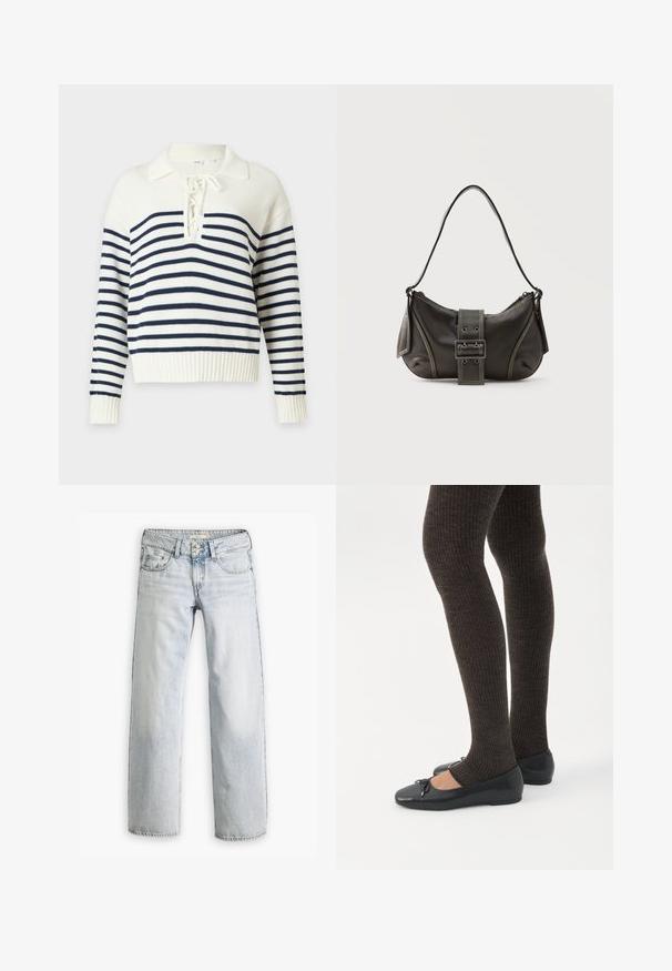 Hvid strikket sweater med marineblå vandrette striber, lange ærmer, ribbet kant og en snørelukning med en foldet krave.; Lyseblå denimjeans med en afslappet pasform, høj talje og fem-lomme design. Har syning detaljer og knaplukning.; Ben iført mørke ribbede leggings kombineret med sorte balletsko med små sløjfedetaljer på hvid baggrund.; Sort læder skuldertaske med spænde på remmen, afrundede kanter og kontrasterende hvide syninger på en ensfarvet baggrund.
