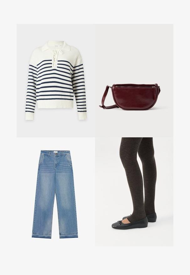 Hvid strikket sweater med marineblå vandrette striber, lange ærmer, ribbet kant og en snørelukning med en foldet krave.; Lyseblå højtaljede wide-leg jeans med knaplukning, frontlommer, bæltestropper og diskret falmet detaljer.; Ben iført mørke ribbede leggings kombineret med sorte balletsko med små sløjfedetaljer på hvid baggrund.; Vinrød læderhåndtaske med halvmåneform, lynlås og aftagelig rem. Glat tekstur med en subtil glans.