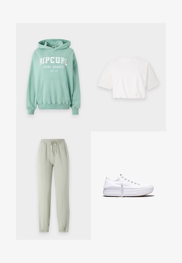Sudadera verde menta hecha de tela suave. Presenta un bolsillo canguro, capucha con cordón y un logo frontal de texto "RIP CURL SURF SPORTS." Puños acanalados.; Camiseta blanca corta con mangas cortas abullonadas, cuello redondo y dobladillo inferior fruncido, fabricada en suave tela de algodón.; Pantalones de chándal verde claro con un cinturón elástico, cordón ajustable y puños ajustados. Presenta detalles de costura vertical a lo largo del frente.; Zapatilla blanca de lona de perfil bajo con suela gruesa de plataforma, cierre de cordones en el frente y puntera de goma texturizada, mostrada de perfil.