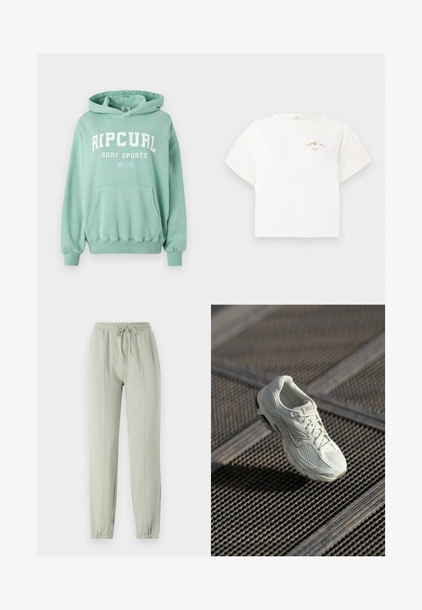 Mündroheline kapuutsiga särk, mis on valmistatud pehmest kangast. Omab ees kangaroo taskut, reguleeritavat kapuutsi ja esist teksti logo "RIP CURL SURF SPORTS." Ribikudum varrukatel.; Valge lühikeste varrukatega T-särk, mis on valmistatud puuvillast. Särgi rinnal on väike kuldne mägi graafika ning see on lahtise, karbiformi lõikega.; Heledad rohelised dressipüksid, millel on elastne vöökoht, reguleeritav nöör ja kitsenevad varrukad. Esipoolt kaunistavad vertikaalsed õmblused.; Valge Nike jooksutoss, millel on võrgust ja sünteetilisest materjalist ülemine osa, puhates metallvõrgust põrandal pehmes looduslikus valguses.