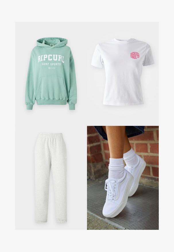 Sudadera verde menta hecha de tela suave. Presenta un bolsillo canguro, capucha con cordón y un logo frontal de texto "RIP CURL SURF SPORTS." Puños acanalados.; Camiseta de algodón blanca con mangas cortas, que presenta un gráfico rosa en el lado izquierdo del pecho que dice "DICKIES DESDE '22." Diseño clásico de cuello redondo.; Pantalones de chándal gris claro con una cinturilla elástica, piernas cónicas y puños acanalados. Fabricados con un tejido suave y texturizado. Detalle del logo blanco en el lateral.; Zapatillas de lona blancas con suelas de goma, que presentan seis ojales, puntera redonda y detalles de costura ligera, combinadas con calcetines blancos hasta el tobillo.