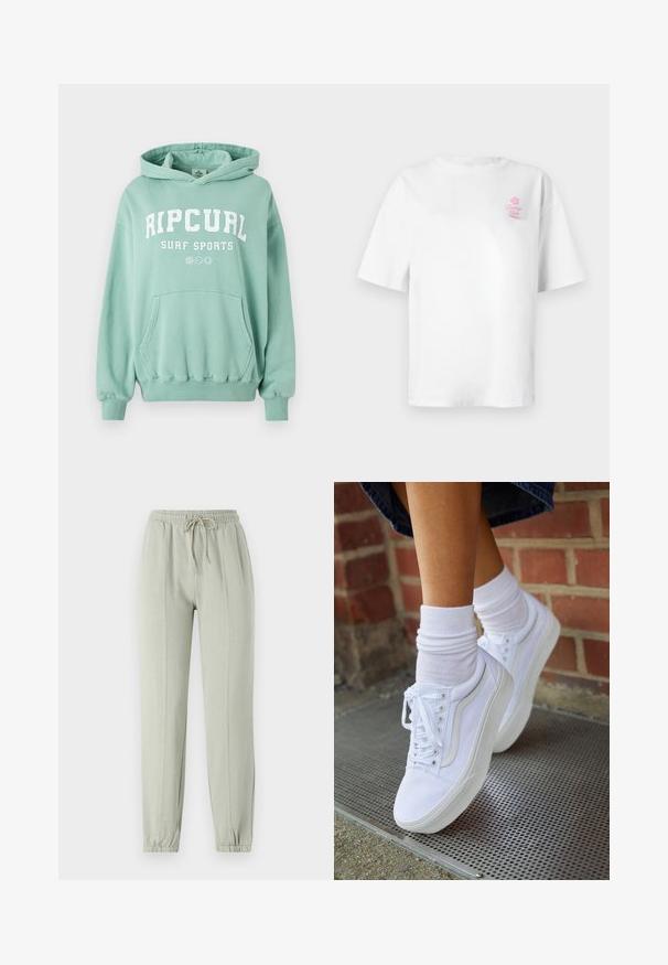 Mintgrøn hættetrøje lavet af blødt stof. Har en kengurupose, hætte med snøre og fronttekstlogoet "RIP CURL SURF SPORTS." Ribbet manchetter.; Hvid bomuld t-shirt med korte ærmer, rund halsudskæring, med lille lyserødt "Vacation Club" logo på venstre bryst.; Lys grønne sweatpants med elastisk talje, justerbar snøre og tapered manchetter. Har vertikale sømdetaljer langs fronten.; Hvide lærreds sneakers med gummisåler, der har seks snørehuller, rund tå og let sømdetaljer, krydret med hvide ankelstrømper.