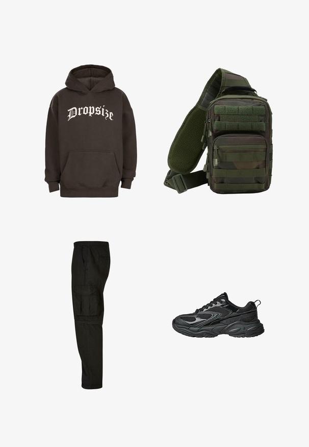 Dunkelbrauner Hoodie mit einer vorderen Kängurutasche und weißem Text im Old-English-Stil, der "Dropsize" über der Brust liest.; Schwarze Cargo-Hosen mit lockerer Passform, elastischem Bund, Seitentaschen und einer großen Cargotasche am Oberschenkel. Weicher, leichter Stoff.; Schwarze sportliche Sneaker aus Mesh und synthetischen Materialien, runde Zehenpartie, dicke geschwungene Sohle und strukturierte Akzente. Verfügt über Schnürsenkel und eine Fersenlasche.; Grüner Tarn-Sling-Rucksack mit mehreren Reißverschlusstaschen, einem verstellbaren Gurt und einem Netzrückenpaneel zur Belüftung.