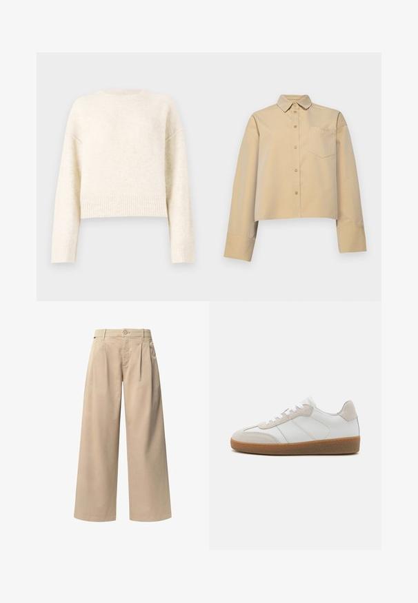 Crème-kleurige cropped trui van een zachte, gestructureerde stof. Heeft een ronde halslijn en ribgebreide manchetten met verlaagde schouders voor een relaxte pasvorm.; Geknipte beige shirt van katoenmix, met een puntkraag, knoopsluiting aan de voorkant en een klein borstzakje met logo borduursel.; Beige wijde broek met twee voorplooien, een knoopsluiting en een gladde textuur. Ontworpen voor comfort en een losse pasvorm.; Witte leren sneakers met beige suède accenten, een gestructureerde tong en een rubberen zool. Voorzien van witte veters en subtiele gestikte details.