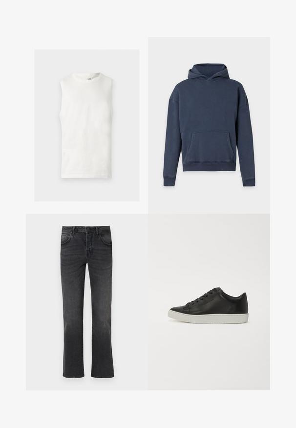 Sweat à capuche bleu marine avec manches longues et poche kangourou à l'avant sur un fond gris clair uni.; Débardeur blanc sans manches à col rond avec un petit logo GAP à l'intérieur du col arrière, posé à plat sur un fond clair.; Jean noir à jambe droite avec cinq poches, fermeture à bouton et zip à l'avant, présenté sur un fond clair uni.; Baskets en cuir noir avec un bout rond, semelle plate en caoutchouc blanc et lacets à six œillets. Texture lisse, style minimaliste.