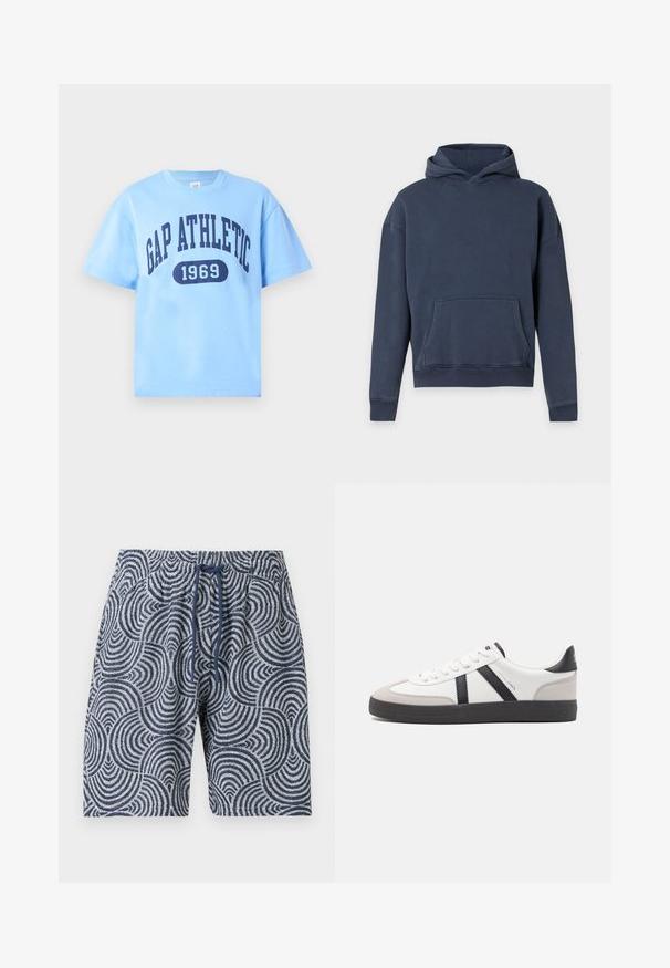 Sweat à capuche bleu marine avec manches longues et poche kangourou à l'avant sur un fond gris clair uni.; T-shirt bleu clair à manches courtes et col rond avec le texte bleu marine "GAP ATHLETIC" et "1969" imprimé à l'avant.; Short bleu marine et blanc avec des motifs de vagues circulaires et un cordon bleu marine à la taille élastique.; Baskets blanches avec des accents noirs et gris, présentant un embout texturé gris, une semelle en caoutchouc noir et des lacets plats blancs. Design épuré, style minimaliste.