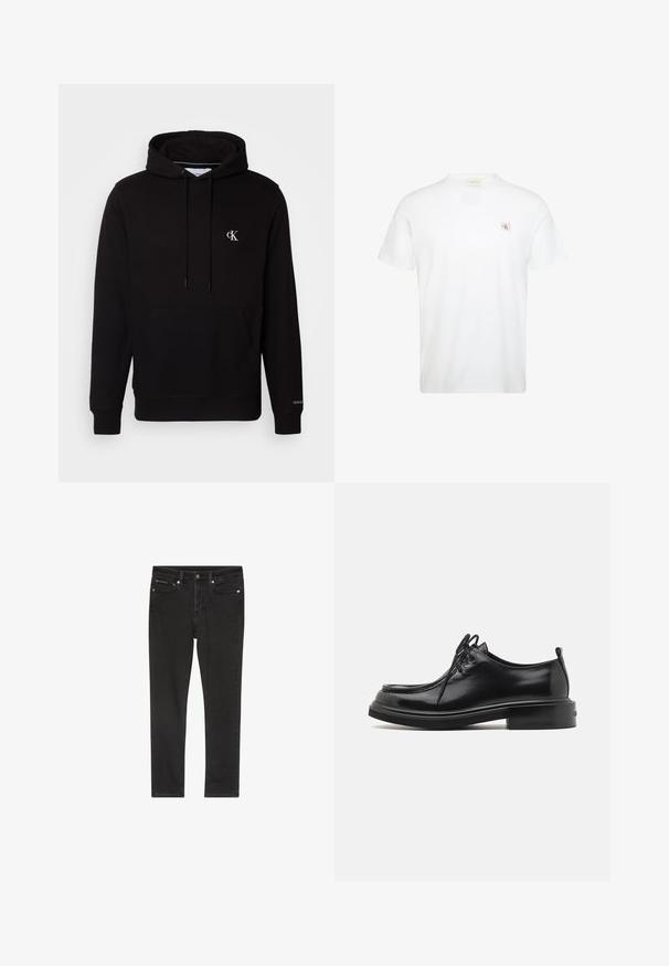 Schwarzer Kapuzenpullover mit Kängurutasche vorne, Kordelzug und kleinem weißen "CK"-Logo auf der Brust sowie "Calvin Klein" am Ärmelbündchen.; Weißes T-Shirt mit kurzen Ärmeln und Rundhalsausschnitt mit kleinem rot-schwarzem Calvin Klein Logo-Patch auf der linken Brust.; Schwarze Denim-Jeans mit schmaler Passform, ausgestattet mit vier Taschen, einem Metallknopfverschluss und leichten Used-Details. Glatte Textur und klassisches Design.; Calvin Klein LACE UP APRON BRUSH OFF - Schnürer - black