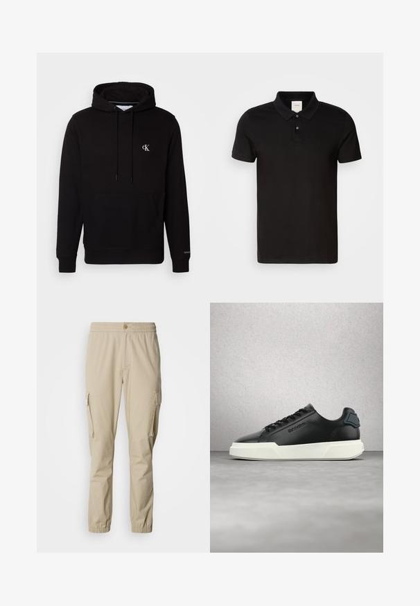 Čierna mikina s kapucňou, prednou klokankovou kapucňou, šnúrkami a malým bielym logom "CK" na hrudi a "Calvin Klein" na manžete.; Čierna polo košeľa vyrobená z hladkej tkaniny s klasickým golierom. Obsahuje dve gombíky pri krku, krátke rukávy a diskrétne logo na hrudníku.; Béžové cargo nohavice s elastickým pásom, gombíkovým zapínaním, bočnými vreckami a elastickými manžetami na členkoch, vyrobené z ľahkej tkaniny.; Čierny kožený tenisky s bielou podrážkou, čiernymi šnúrkami a vyrazeným logom, zobrazené nad sivou podlahou s pozadím zo sklenených blokov.