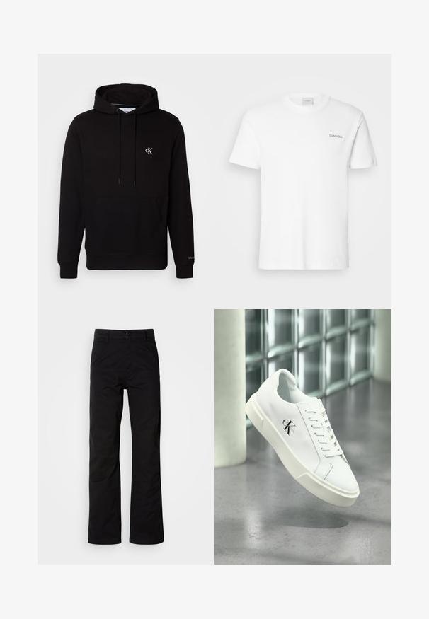 Sort hættetrøje med front kængurulomme, snore og lille hvid "CK"-logo på brystet og "Calvin Klein" på manchet.; Hvid bomulds T-shirt med korte ærmer og rund halsudskæring. Har et lille sort "Calvin Klein" logo på venstre bryst.; Sort bomuldsbukser med lige ben, der har knaplukning og bæltestropper. Glat tekstur og minimalistisk stil uden synlige mønstre.; Hvid Calvin Klein sneaker med snørebånd, vist svævende over en poleret betongulv og en baggrund af glasblokke.
