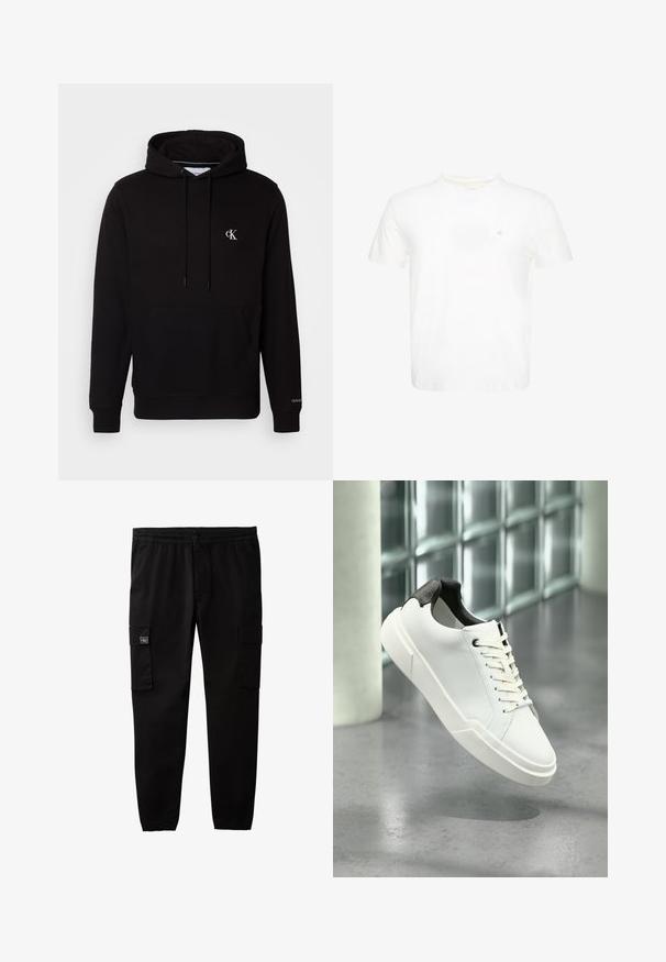 Sort hættetrøje med front kængurulomme, snore og lille hvid "CK"-logo på brystet og "Calvin Klein" på manchet.; Hvid T-shirt med korte ærmer og rund hals med lille broderet "ck" logo på venstre bryst.; Sorte cargobukser med elastisk talje og manchetter, knap- og lynlås-lukning samt klaplommer på hvert lår.; Hvid lav tå-sneaker med sort struktureret hælfane, hvide snørebånd og tyk sål på en poleret betongulv nær glasblokke.