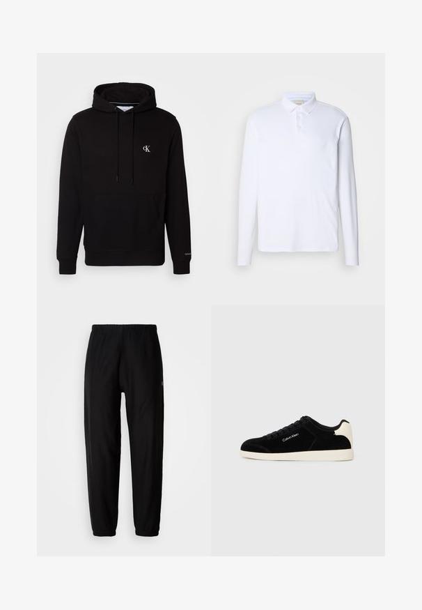 Sudadera negra con capucha, bolsillo canguro delantero, cordones y pequeño logo blanco "CK" en el pecho y "Calvin Klein" en el puño.; Camisa polo blanca de manga larga hecha de una tela suave, con un cuello clásico, una tapeta de tres botones y un sutil logo en el pecho.; Pantalones de chándal negros con cintura elástica, piernas ajustadas y dobladillos. Textura de tela suave. Detalle del logo en un lado.; Zapatilla de ante negra con suela de goma blanca. Presenta puntera redonda, diseño con cordones y detalle del logo en el lateral.