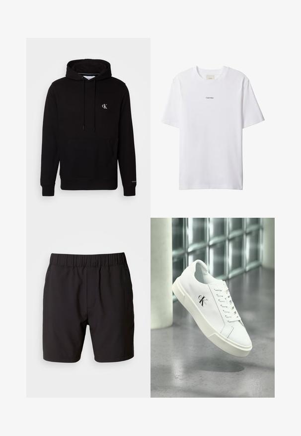 Schwarzer Kapuzenpullover mit Kängurutasche vorne, Kordelzug und kleinem weißen "CK"-Logo auf der Brust sowie "Calvin Klein" am Ärmelbündchen.; Weißes Baumwoll-T-Shirt mit Rundhalsausschnitt und kurzen Ärmeln. Auf der Brust zentriert befindet sich ein kleines schwarzes "Calvin Klein"-Logo.; Schwarze Shorts aus elastischem Stoff mit einem elastischen Bund, Seitentaschen und einem schlichten, klaren Design. Keine Muster oder Verzierungen.; Weißer Calvin Klein Sneaker mit Schnürsenkeln, schwebend über einem polierten Betonboden und einer Glasbausteinwand im Hintergrund dargestellt.