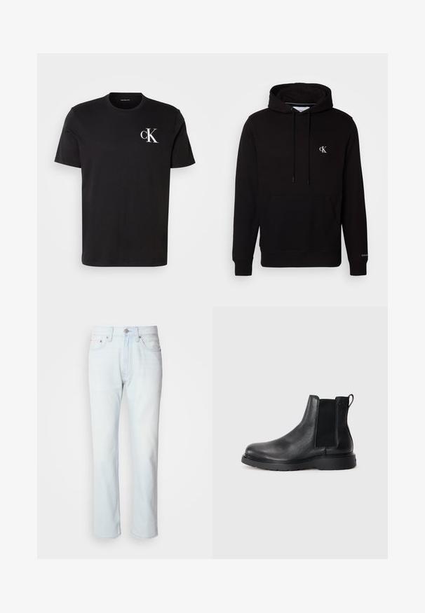 Schwarzer Kapuzenpullover mit Kängurutasche vorne, Kordelzug und kleinem weißen "CK"-Logo auf der Brust sowie "Calvin Klein" am Ärmelbündchen.; Schwarzes Baumwoll-T-Shirt mit kurzen Ärmeln und einem weißen "ck"-Logo auf der linken Brust. Rundhalsausschnitt und gerader Saum.; Hellblaue Jeans mit geradem Bein. Verfügt über einen Knopfverschluss und Gürtelschlaufen, präsentiert eine ausgebleichte Textur und minimale Nähte.; Schwarze Leder-Chelsea-Boots mit strukturiertem Finish, elastischen seitlichen Einsätzen und einer robusten Gummisohle. Dezentes Branding an der Ferse.
