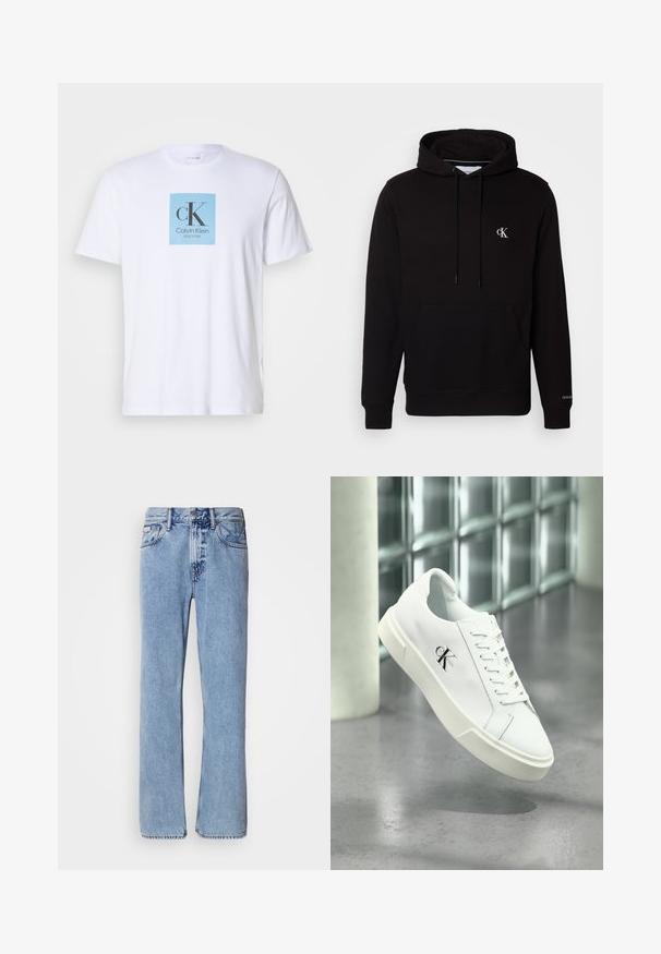 Schwarzer Kapuzenpullover mit Kängurutasche vorne, Kordelzug und kleinem weißen "CK"-Logo auf der Brust sowie "Calvin Klein" am Ärmelbündchen.; Weißes T-Shirt mit kurzen Ärmeln und einem hellblauen Quadrat auf der Brust, das das Textlogo "cK Calvin Klein New York" zeigt.; Hellblaue Jeans aus Denim mit geradem Bein, fünf Taschen und Knopfverschluss. Nähte in der Nähe der Taschen und des Bundes.; Weißer Calvin Klein Sneaker mit Schnürsenkeln, schwebend über einem polierten Betonboden und einer Glasbausteinwand im Hintergrund dargestellt.