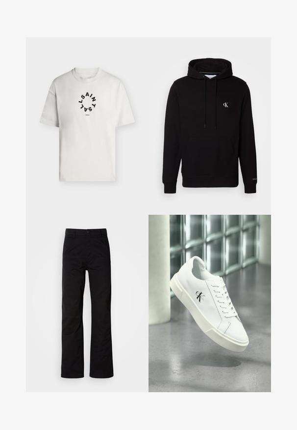 Sudadera negra con capucha, bolsillo canguro delantero, cordones y pequeño logo blanco "CK" en el pecho y "Calvin Klein" en el puño.; Camiseta blanca de manga corta con cuello redondo, con texto circular negro que dice "SAINT LAINT" y "LONDON" debajo del círculo.; Pantalones de algodón negros con un diseño de pierna recta, que cuentan con un cierre de botón y lazos para cinturón. Textura suave y estilo minimalista sin patrones visibles.; Zapatilla blanca Calvin Klein con cordones, mostrada flotando sobre un suelo de cemento pulido y un fondo de pared de bloques de vidrio.