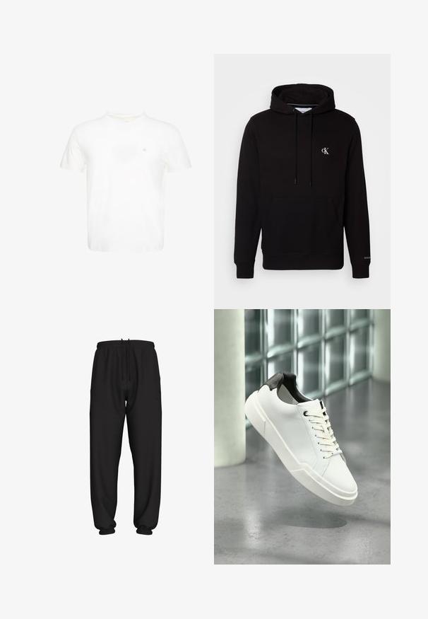 Sudadera negra con capucha, bolsillo canguro delantero, cordones y pequeño logo blanco "CK" en el pecho y "Calvin Klein" en el puño.; Camiseta blanca de manga corta con cuello redondo y pequeño logo "ck" bordado en el pecho izquierdo.; Pantalones deportivos negros de corte holgado con cintura y puños elásticos, con cordón ajustable en la cintura.; Zapatilla blanca de perfil bajo con lengüeta del talón texturizada en negro, cordones blancos y suela gruesa sobre un suelo de cemento pulido cerca de bloques de vidrio.