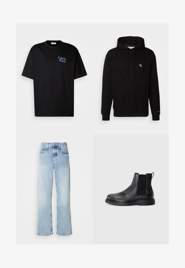 Schwarzer Kapuzenpullover mit Kängurutasche vorne, Kordelzug und kleinem weißen "CK"-Logo auf der Brust sowie "Calvin Klein" am Ärmelbündchen.; Schwarzes Baumwoll-T-Shirt mit entspanntem Schnitt, kurzen Ärmeln und einem blauen gestickten "Calvin Klein"-Logo auf der Brust.; Helle blaue weite Jeans mit hoher Taille, in verwaschenem Finish, mit Gürtelschlaufen und klassischem Fünf-Taschen-Design. Der Saum ist ungesäumt.; Schwarze Leder-Chelsea-Boots mit strukturiertem Finish, elastischen seitlichen Einsätzen und einer robusten Gummisohle. Dezentes Branding an der Ferse.