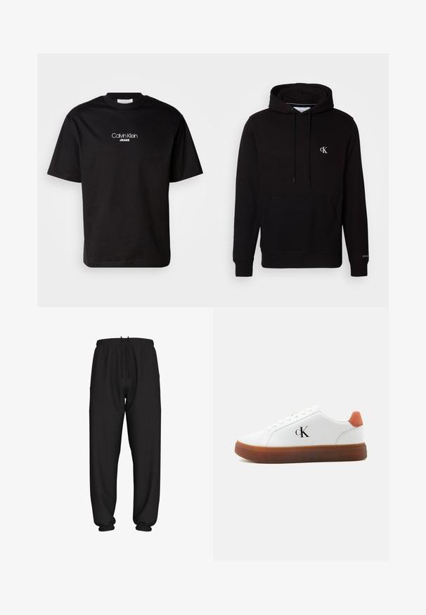 Čierna mikina s kapucňou, prednou klokankovou kapucňou, šnúrkami a malým bielym logom "CK" na hrudi a "Calvin Klein" na manžete.; Čierne bavlnené tričko s okrúhlym výstrihom, krátkymi rukávmi a bielym logom "Calvin Klein JEANS" na prednej strane. Jednoduchý a rovný strih.; Čierne voľné tepláky s elastickým pásom a manžetami, s nastaviteľným sťahovacím šnúrkou v páse.; Biely nízky teniska s hnedou podrážkou, oranžovou pätovou slučkou, šnúrkami a logom "cK" na boku.