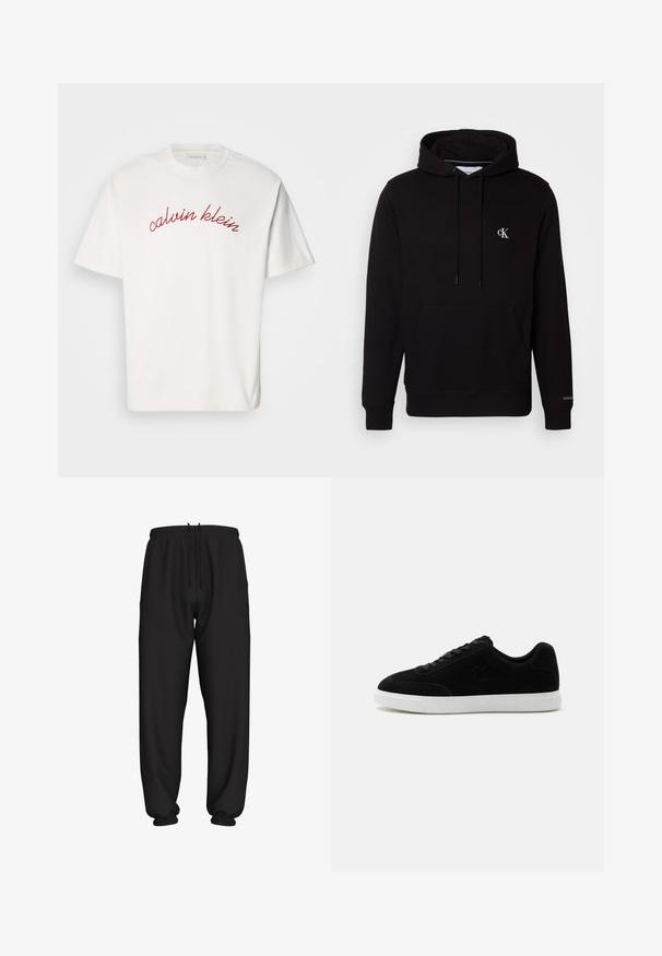 Sort hættetrøje med front kængurulomme, snore og lille hvid "CK"-logo på brystet og "Calvin Klein" på manchet.; Hvid bomulds t-shirt med korteærmer, der har buet rød broderet tekst "calvin klein" tværs over brystet. Klassisk crew neck design.; Svarte løstsiddende joggingbukser med elastisk talje og manchetter, med justerbar snøre i taljen.; Sort lavtop sneaker med snørelukning foran, diskret "ck" logo på siden og tyk hvid gummisål på ensformet lys baggrund.
