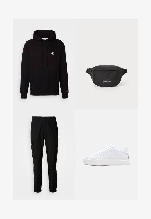 Sudadera negra con capucha, bolsillo canguro delantero, cordones y pequeño logo blanco "CK" en el pecho y "Calvin Klein" en el puño.; Pantalones cargo negros de tela, con cintura elástica, cierre de botón y múltiples bolsillos laterales con solapas.; Zapatilla blanca de perfil bajo con patrón geométrico en relieve, cierre de cordones y suela gruesa, mostrada de perfil sobre un fondo blanco.; Riñonera negra hecha de nylon duradero, que cuenta con un bolsillo con cremallera y un logo bordado. Diseño compacto y aerodinámico. Correa ajustable.