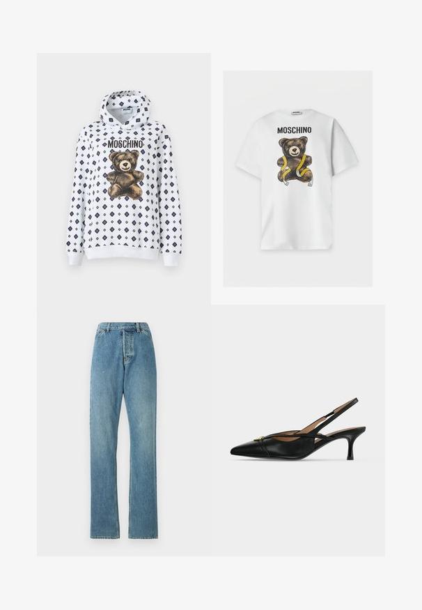 Hvid hættetrøje med et motiv af en teddybjørn og diamantmønstre i marineblå. Materialet virker blødt med lange ærmer og en snøre i hætten.; Hvid T-shirt med korte ærmer med teksten "MOSCHINO" og en brun tøjdims viklet ind i et gult målebånd på fronten.; Lyseblå denim jeans med lige ben-design, fem lomme-stil og en synlig talje. Teksturen er let slidt, men intakt.; Sort læder spids slingback sko med lav killingehæl og guldbeslag foran.