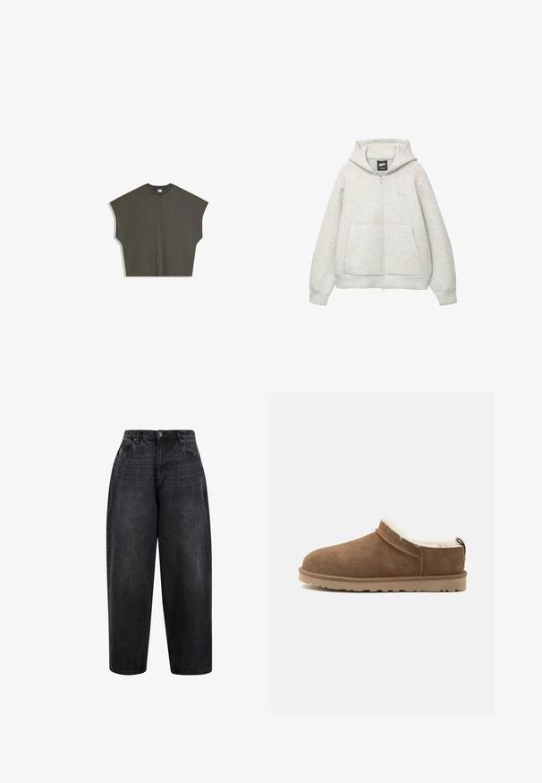 Grijze zip-up hoodie van zachte stof met een voorkantzak, een capuchon met trekkoord en een klein logo op de borst.; Olivengroene oversized mouwloze top met een ronde halslijn en brede armopeningen, plat gelegd op een witte achtergrond.; Zwarte denim wijde steekjeans met een hoge taille, voorzien van een knoopsluiting, voorkzakken en een licht gewassen textuur voor een casual uitstraling.; Bruine suède instapslof met beige zool en witte fleece voering, ontworpen voor warmte en comfort binnenshuis.