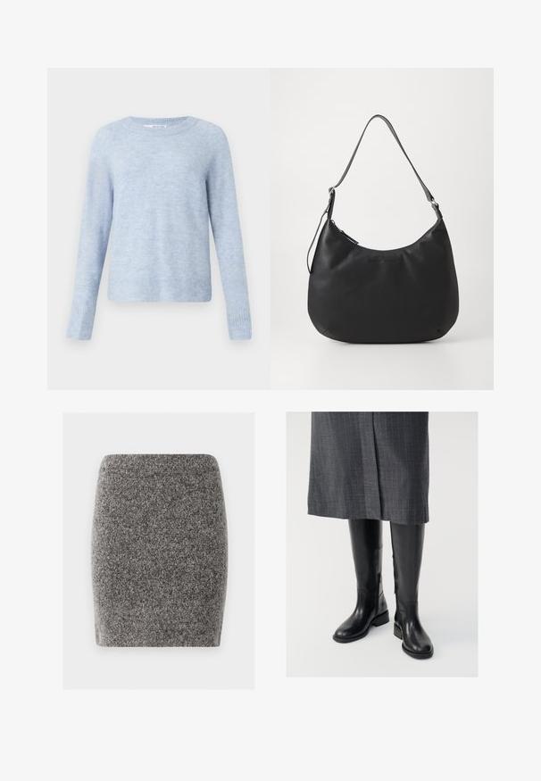 Pull bleu clair en tissu doux et texturé, doté d'un col rond, de manches longues, et de bords côtelés aux poignets et à l'ourlet.; Jupe mini grise ajustée en tissu texturé. Coutures lisses sans fermetures visibles. Design simple et dépouillé.; Bottes en cuir noir montantes jusqu'aux genoux, avec une texture lisse, des fermetures éclair sur le côté et une semelle plate. Les bottes présentent un tige structurée et un matériel minimal.; Sac hobo noir en matériau lisse et durable. Comprend une seule sangle réglable et un logo embossé subtil à l'avant.