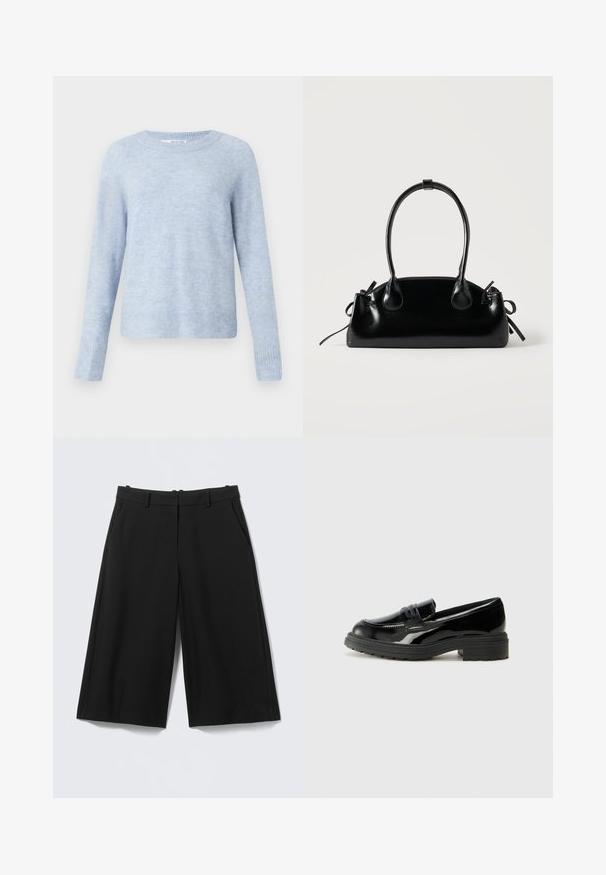 Pull bleu clair en tissu doux et texturé, doté d'un col rond, de manches longues, et de bords côtelés aux poignets et à l'ourlet.; Shorts noirs sur mesure longueur genou avec passants de ceinture et poches latérales sur un fond clair uni.; Mocassins en cuir verni noir avec une semelle en caoutchouc noir épaisse, présentant un empeigne cousue et une surface lisse et brillante.; Petit sac à main noir brillant avec deux longues anses et des détails à cordon sur les côtés sur un fond clair uni.