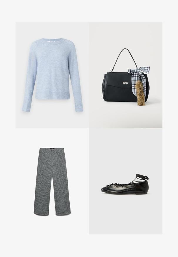 Pull bleu clair en tissu doux et texturé, doté d'un col rond, de manches longues, et de bords côtelés aux poignets et à l'ourlet.; Pantalon à jambes larges en tissu tricoté gris texturé. Doté d'une taille haute et de jambes droites, offrant une coupe décontractée.; Ballerines en cuir verni noir avec un bout rond, un design à lacets et une semelle plate. Texture lisse avec peu de détails.; Sac à main noir avec une poignée supérieure, un fermoir argenté et un ruban noir et blanc à carreaux attaché à un porte-clés marron duveteux.