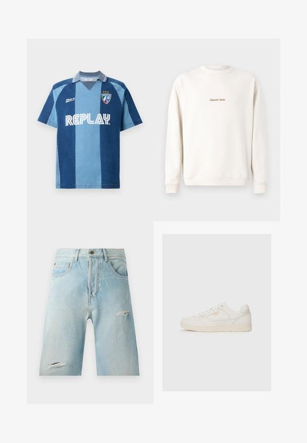 Kreemjas värvi sviiter ribatud ümarate kaeluste ja mansettidega. Täiendatud väikese kullast "Original Studio" tikandiga rinnal. Pehme tekstuur.; Denim-stiilis trikotaaž lühikeste varrukatega, tumeda ja helesinise riba kujundusega, V-kaelusega ja silmatorkava "REPLAY" logoga.; Heledsinine denim lühikesed püksid mugava lõikega, millel on kulumismärgised, küljetaskud ja üks pealne nööp.; Valge nahast tenniseking, millel on sile tekstuur, augulised aktsendid, lipsuga esiosa ja peene kuldne logo külje lähedal.