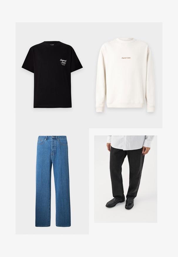 Cremefarbiges Sweatshirt mit geripptem Rundhalsausschnitt und Bündchen. Auf der Brust befindet sich eine kleine goldene Stickerei "Original Studio". Weicher Stoff.; Schwarzes Kurzarm-T-Shirt aus Baumwolle. Verfügt über ein kleines weißes Logo im linken Brustbereich. Crew-Hals-Design, reguläre Passform.; Hellblaue Jeans aus Denim mit geradem Schnitt. Verfügt über fünf Taschen, einen Knopfverschluss und minimale Nähdetails.; Schwarze Jeans kombiniert mit glänzenden schwarzen Slippern. Das Hemd ist weiß mit dünnen vertikalen Streifen, hat lange Ärmel und einen geknöpften Kragen.
